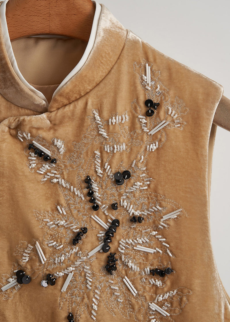 Yellow Embroidered Nail Bead Silk Velour Vests Fall