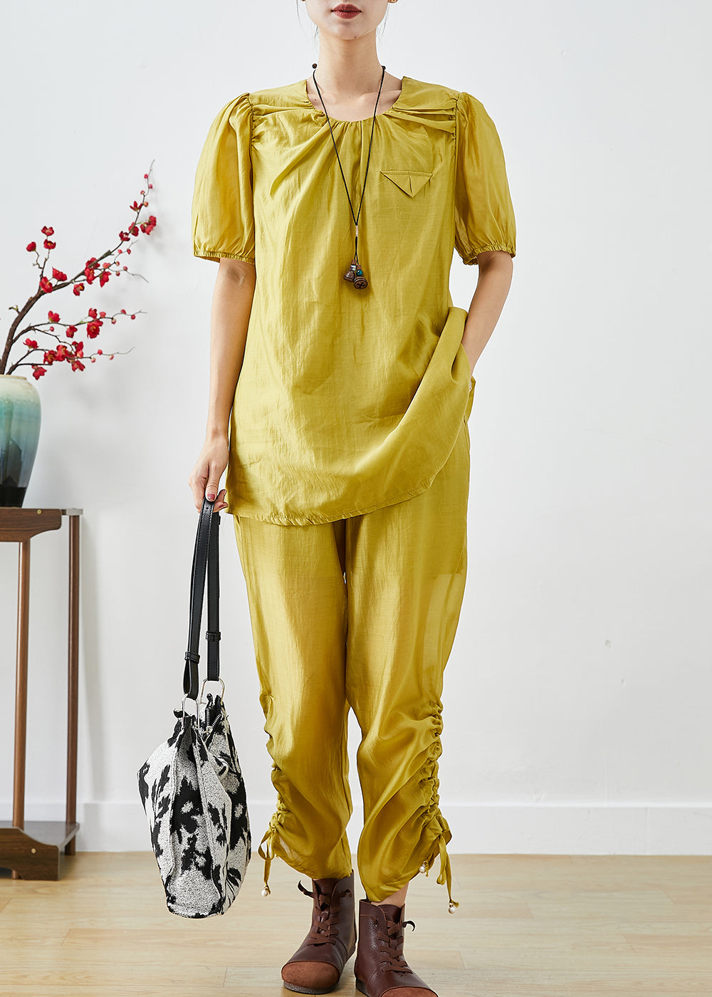 Yellow O-neck Wrinkled Silk 2 Piece Outfit Summer