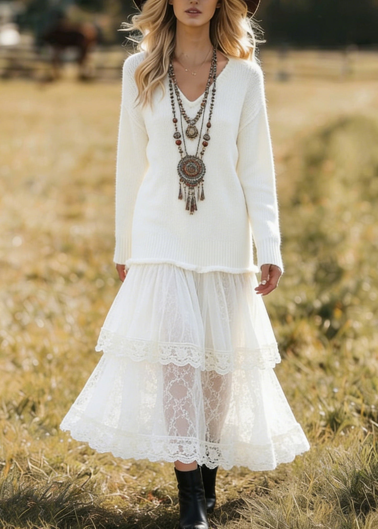Unique White V Neck Lace Patchwork Knit Dress Spring