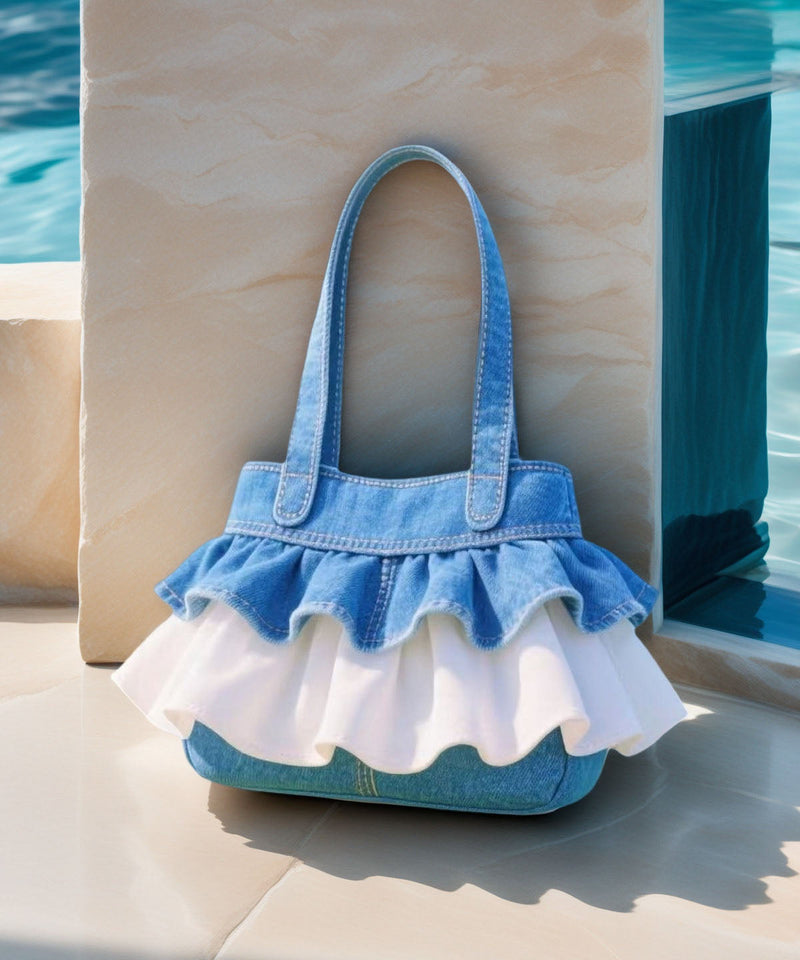 Blue Ruffled Patchwork Lace Denim Handbags