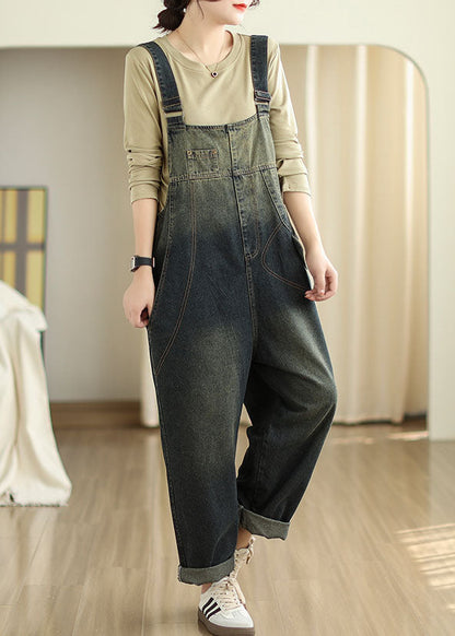 Slash Neck Pockets Patchwork Denim Jumpsuits Fall