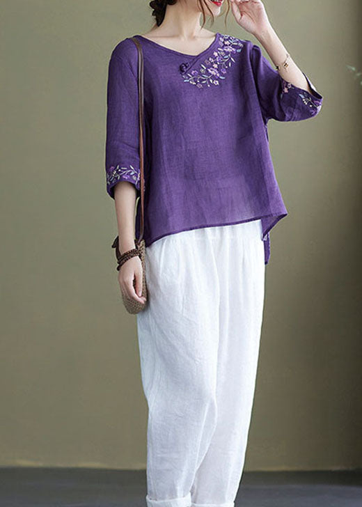 Diy Pink Crane Embroidered Side Open Half Sleeve Top