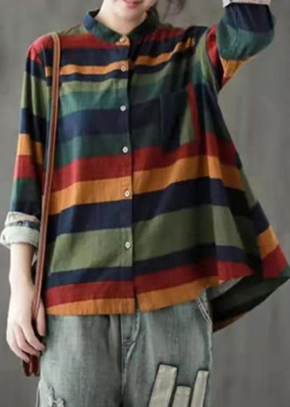 Unique Colorblock Stand Collar Low High Design Button Striped Shirts Long Sleeve