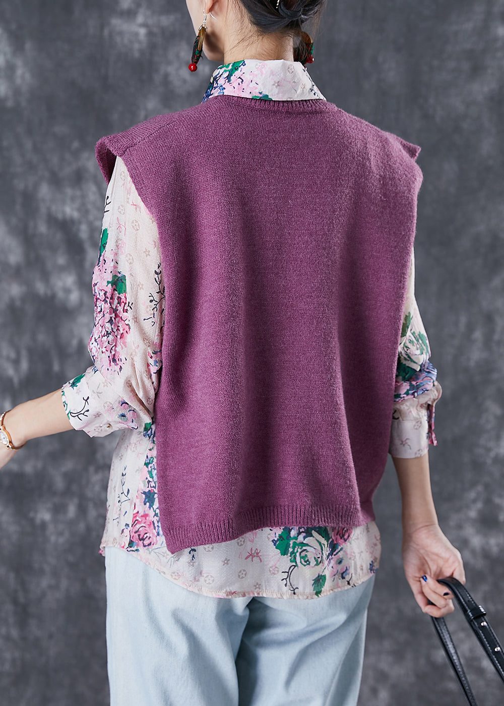 Modern Asymmetrical Print Knit Vest and Shirts Two-piece Set Fall