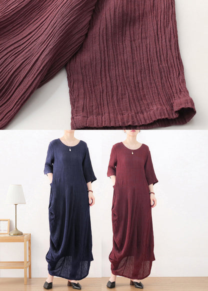Natural Wine Red O-neck Wrinkled Linen Long Dress Long Sleeve
