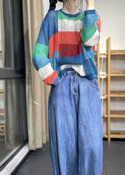 Organic Rainbow Patchwork Loose Fall Knit Sweaters