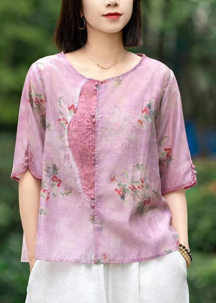 Blue Print Patchwork Linen Shirts Short Sleeve