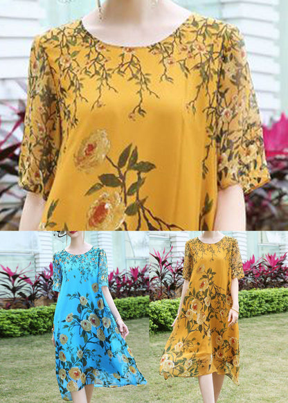 Blue O-neck Print Silk Vacation Dress Summer