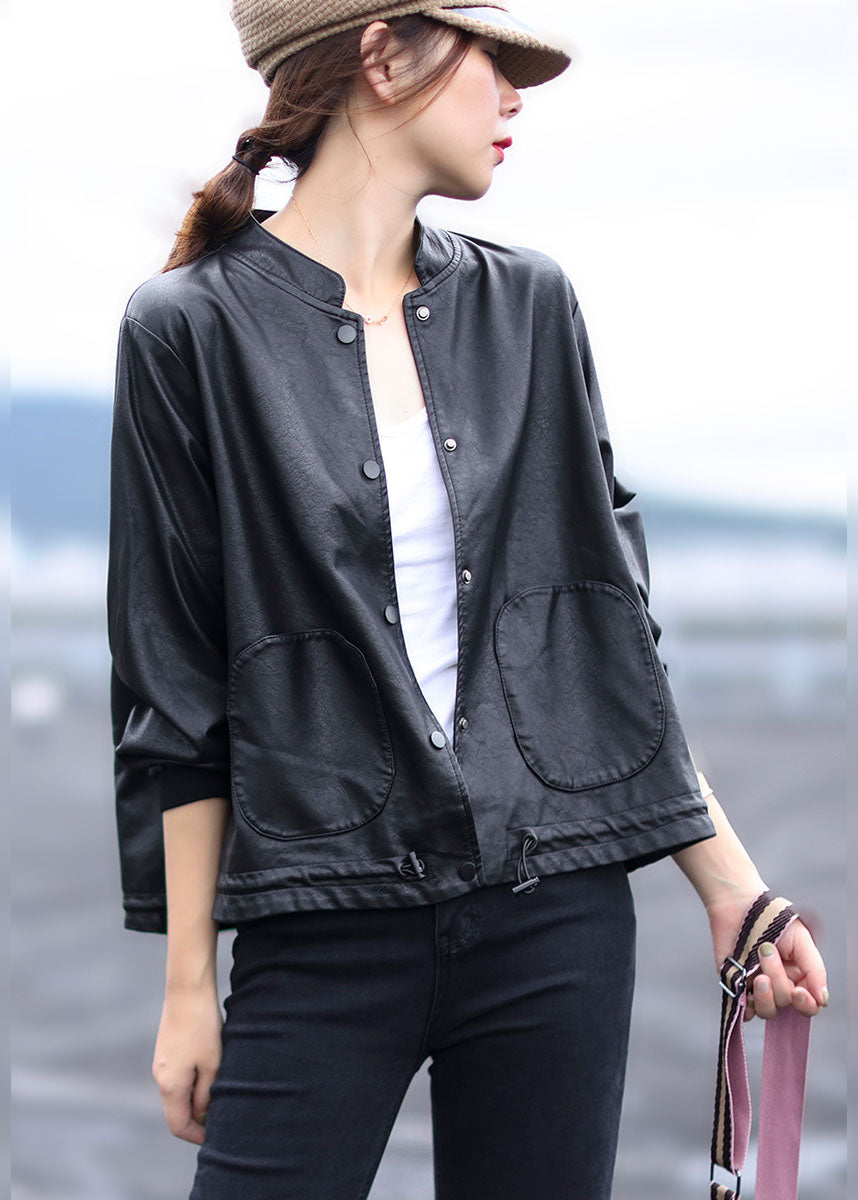 Black Button Drawstring Stand Collar Faux Leather Coats Long Sleeve