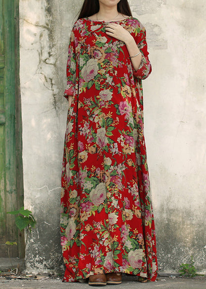 Dark Red O-neck Pocket Print Cotton Long Dresses Long Sleeve