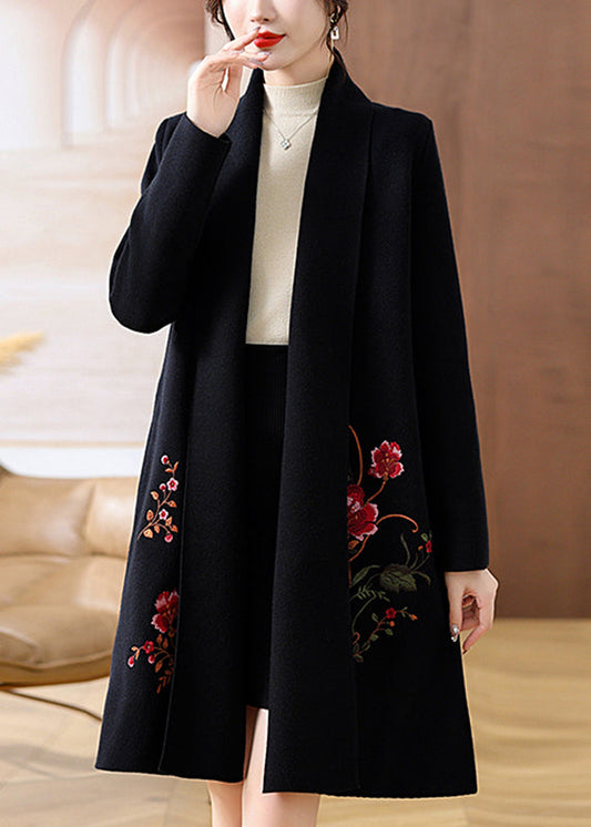 Black Cozy Woolen Maxi Cardigans Fall