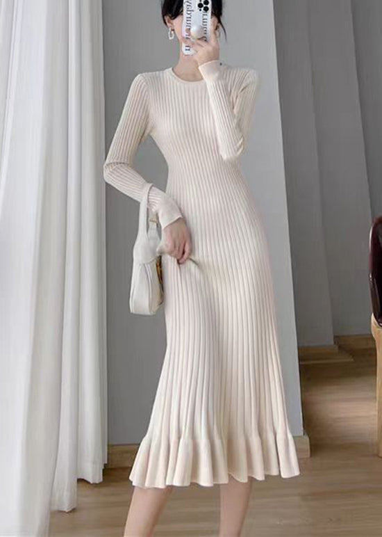Apricot O Neck Ruffled Knit Long Sweater Dress Fall