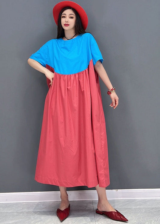 Simple Blue Red Oversized Patchwork Cotton a Line Dress Short Sleeve