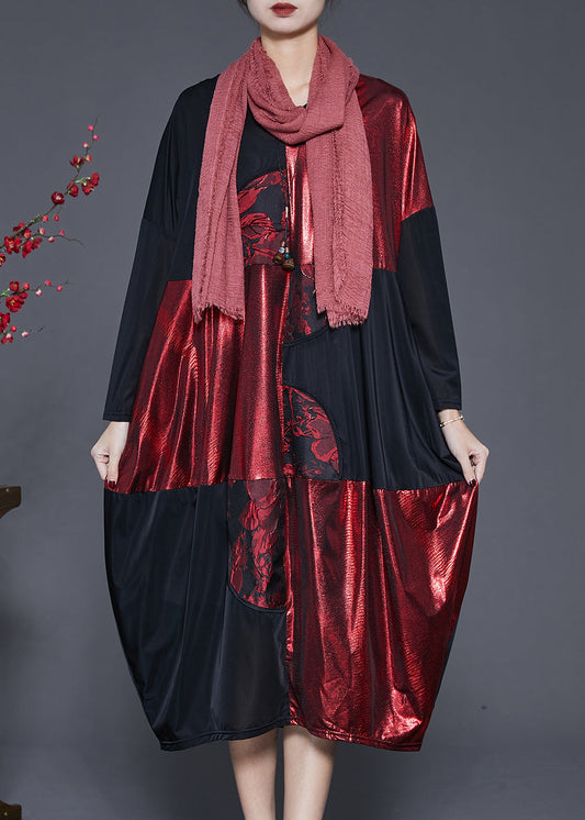 Black Oversized Patchwork Silk Holiday Dress Spring
