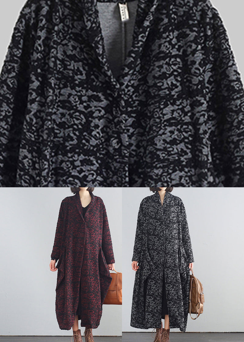 Black V Neck Print Button Trench Coats Fall