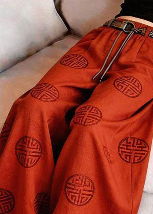 Chinese Style Red Print Wide Leg Pants