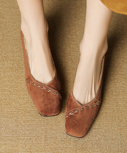 Brown Splicing Suede Chunky Shoes Square Toe