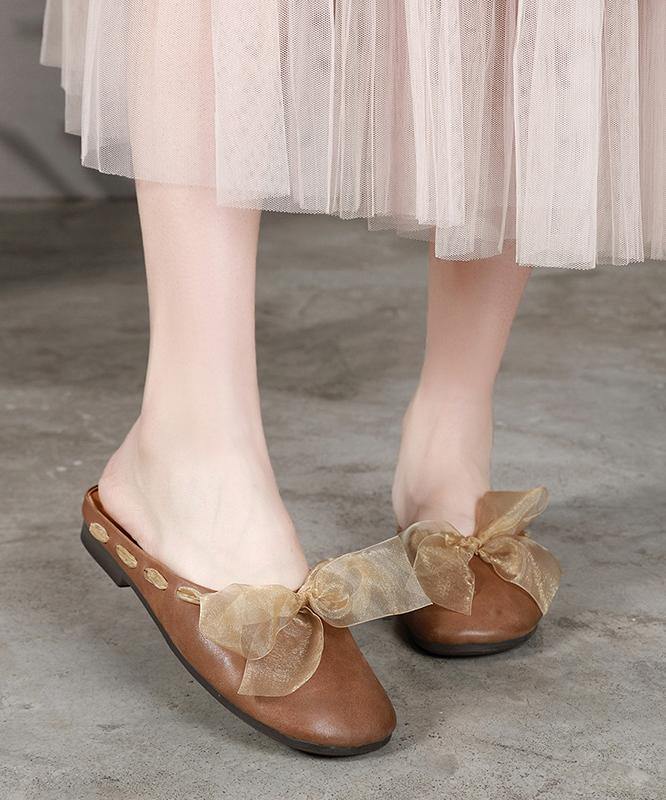 Lace Up Flat Shoes Brown Cowhide Leather Slippers