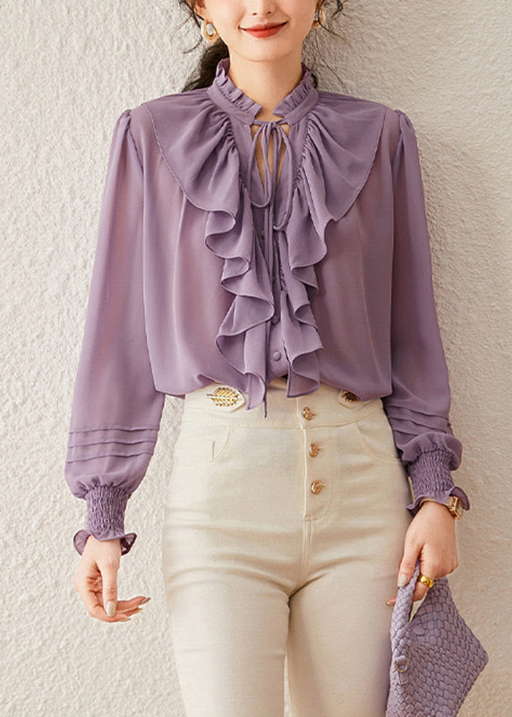 Purple Ruffled Patchwork Tie Lace Shirt Fall