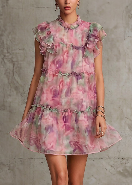 Pink Ruffled Print Chiffon Mid Dress Summer