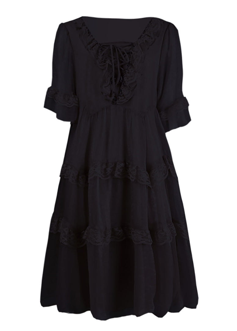 Black Ruffled Patchwork Chiffon Dress Summer