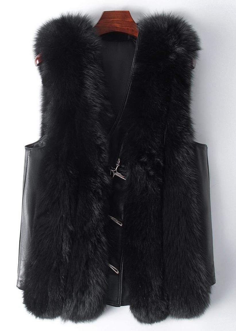 New Black Button Patchwork Leather and Fur Waistcoat Sleeveless