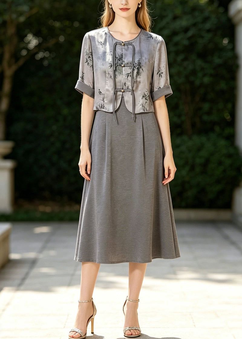 Fine Grey Tasseled Print Silk Oriental Dresses Two Piece Set Summer