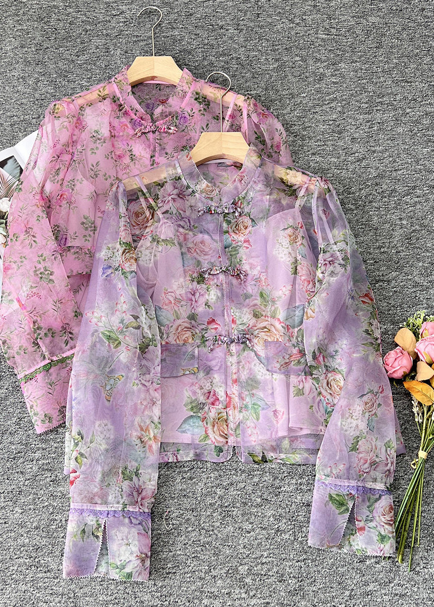 Pink O-neck Print Patchwork Organza Shirts Long Sleeve