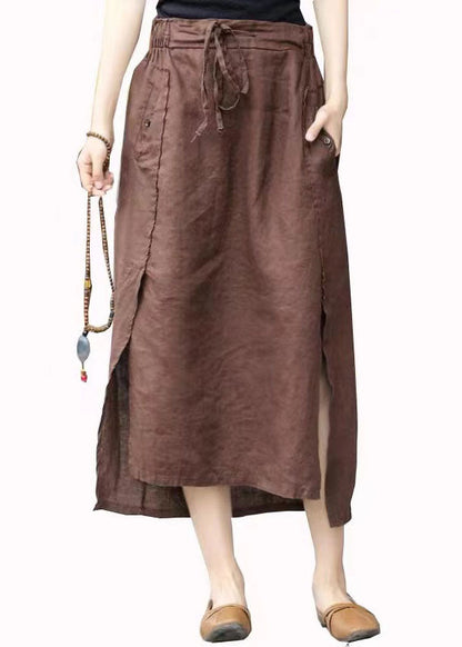 Coffee Cinched Pockets Patchwork Linen Skirts Summer
