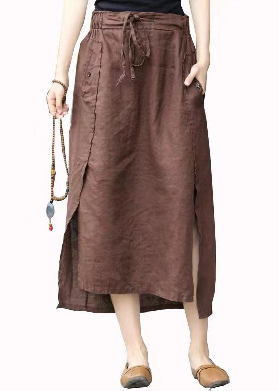 Coffee Cinched Pockets Patchwork Linen Skirts Summer