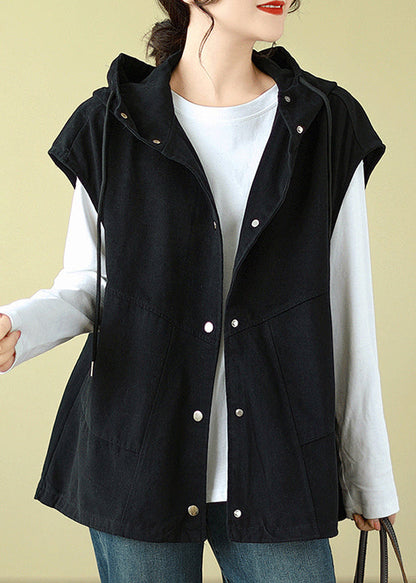 Black Hooded Button Drawstring Cotton Waistcoat Sleeveless