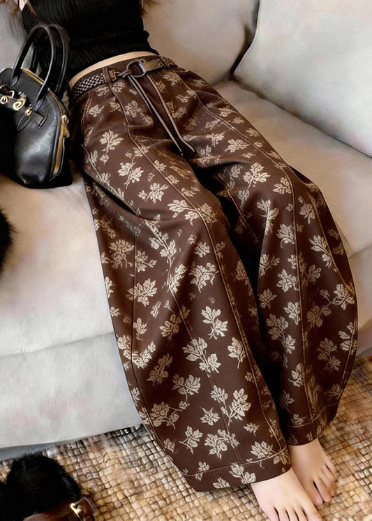 Brown Print Sashes High Waist Wide Leg Pants