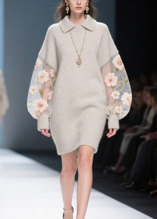Grey Tulle Patchwork Knit Sweater Dress Winter