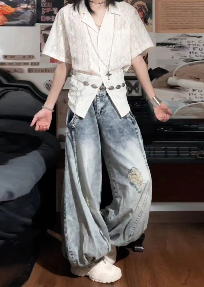 Light Blue High Waist Denim Ripped Jeans Spring