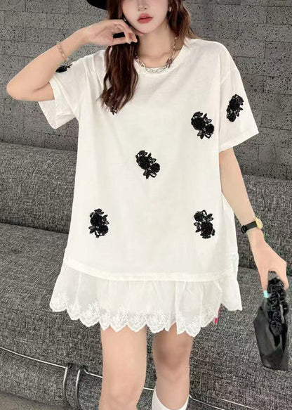 White Flower Decorated Oversized Patchwork Lace Tanks Summer