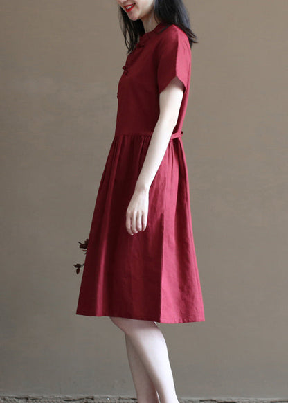 Art Mulberry Stand Collar Cinched Pockets Linen Mid Dress Short Sleeve