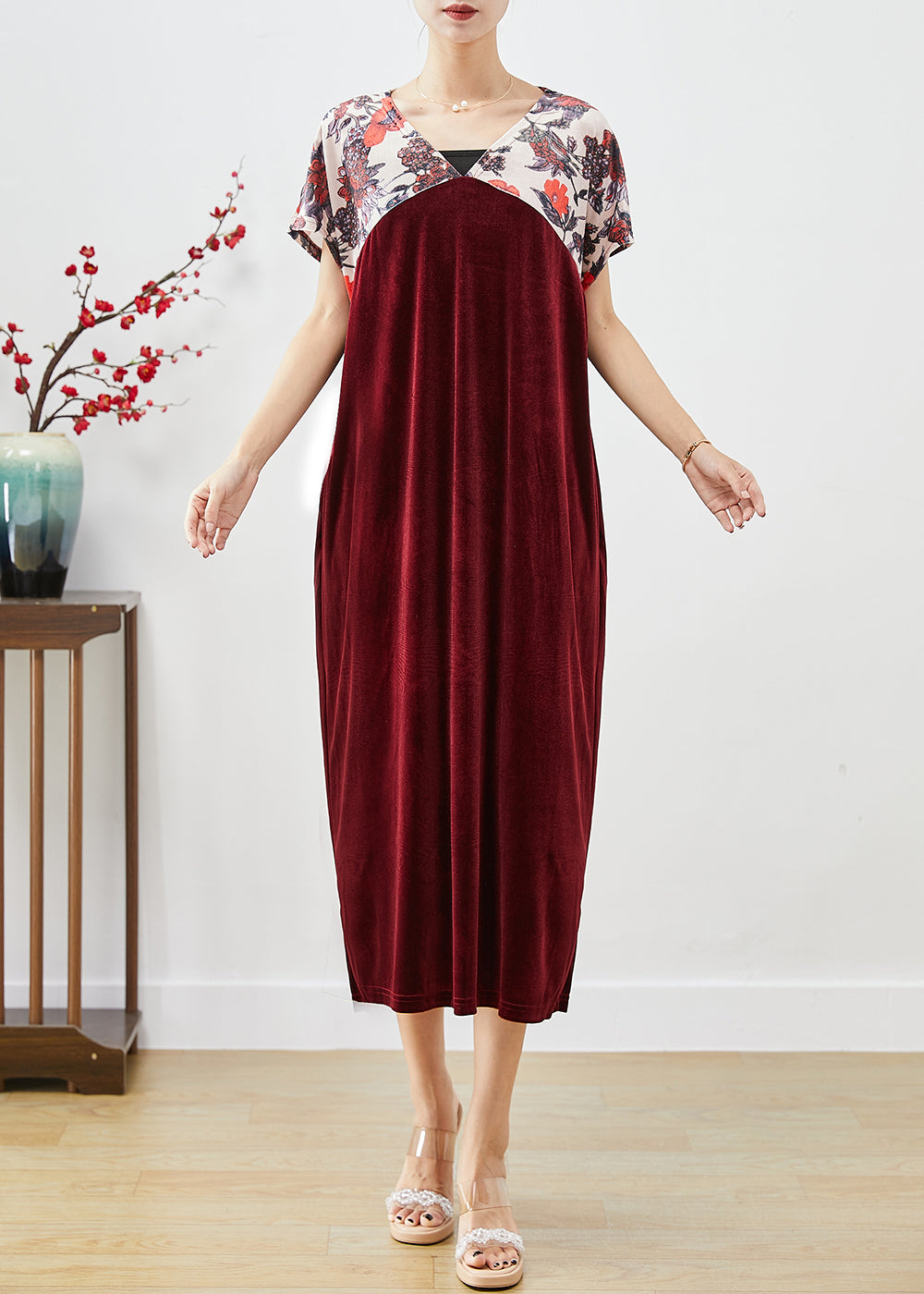 Mulberry V Neck Patchwork Silk Velour Party Dress Short Sleeve