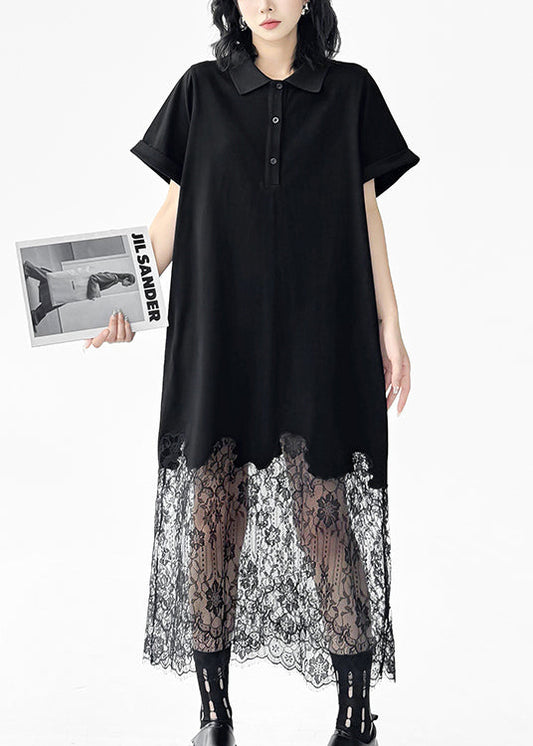 Black Peter Pan Collar Lace Patchwork Cotton Dresses Summer