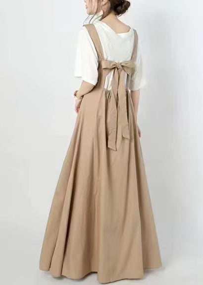 Fine Khaki Back Lace Up Exra Large Hem Cotton Dress Summer