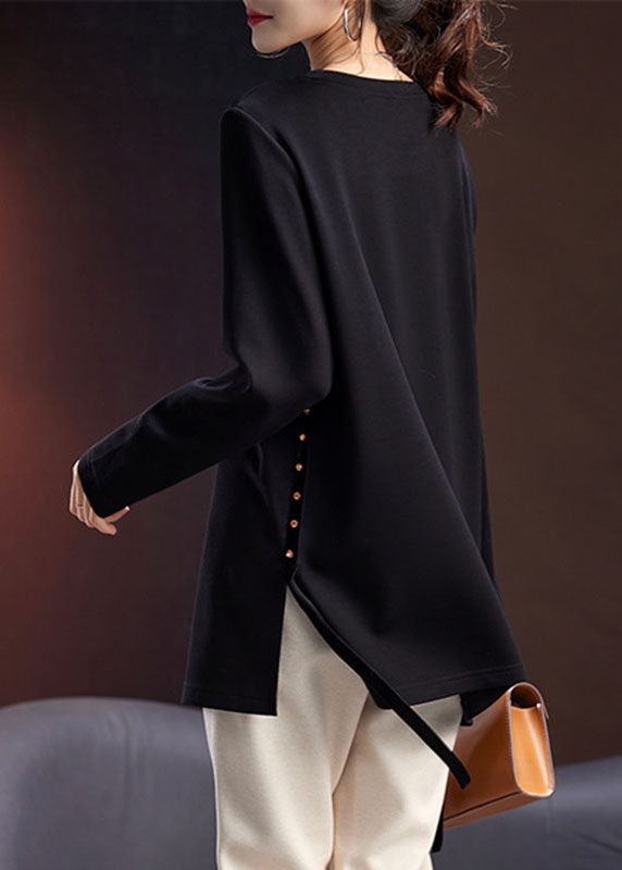 French Black O-neck Side Open Zircon Tops Long Sleeve