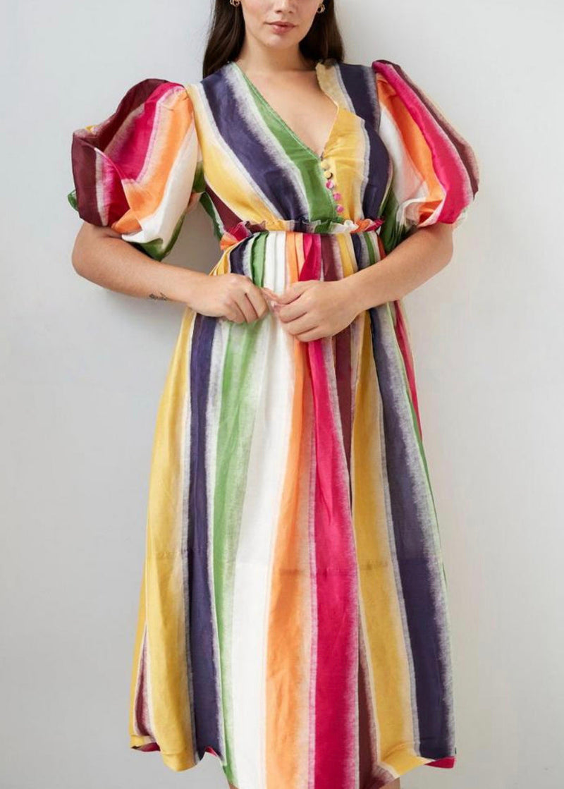 Rainbow V Neck High Waist Cotton Long Dress Summer