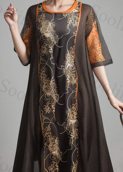 Black O Neck Print Silk Dress Summer