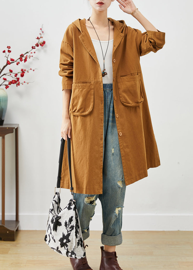 Orange Hooded Pockets Cotton Coat Outwear Spring