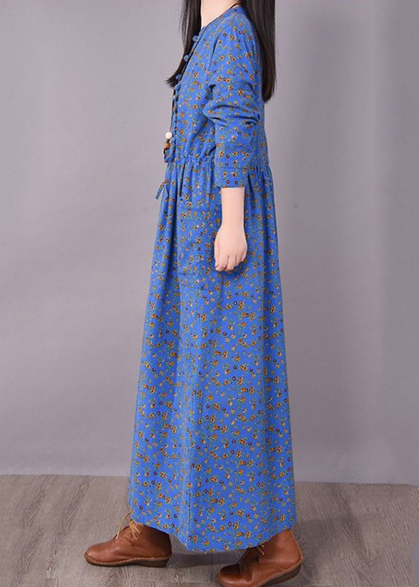 Blue O-neck Wrinkled Print Linen Dress Long Sleeve