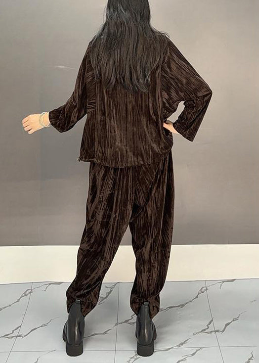 Loose Brown Zippered Tops and Crop Pants Silk Velvet Two Pieces Set Winter