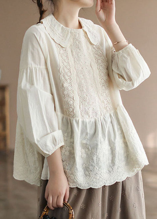 Apricot Peter Pan Collar Embroideried Cotton Shirt Tops Spring