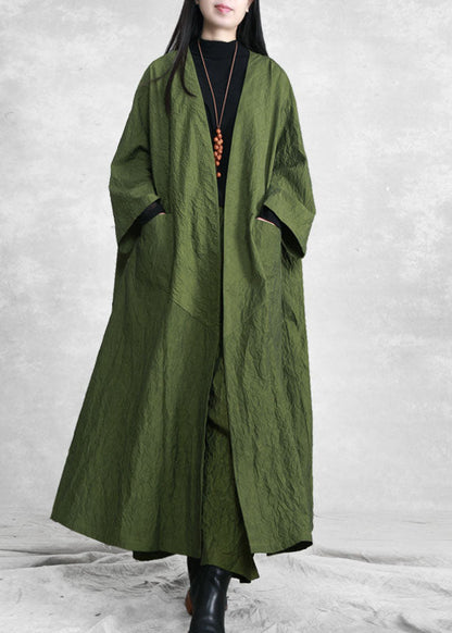 Green V Neck Pockets Trench Coats and Wide Leg Pants Two Pieces Set Spring