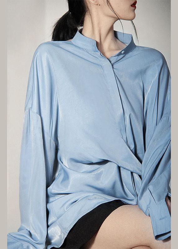 Art Blue Asymmetrical Design Backless Long Sleeve Summer Shirt