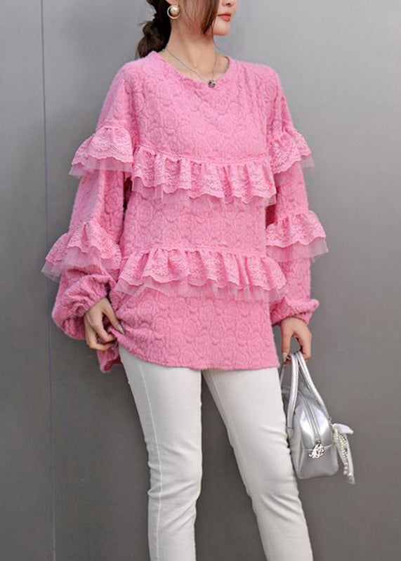 Natural Pink O-neck Ruffled Lace Patchwork Tops Lantern Sleeve