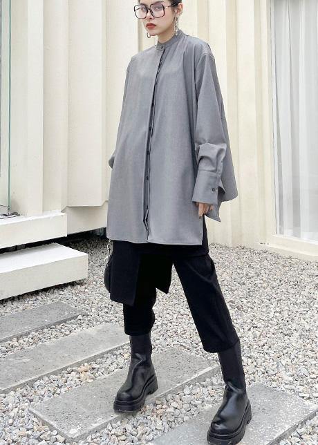 French Grey Asymmetrical Design Long Sleeve Spring Blouses